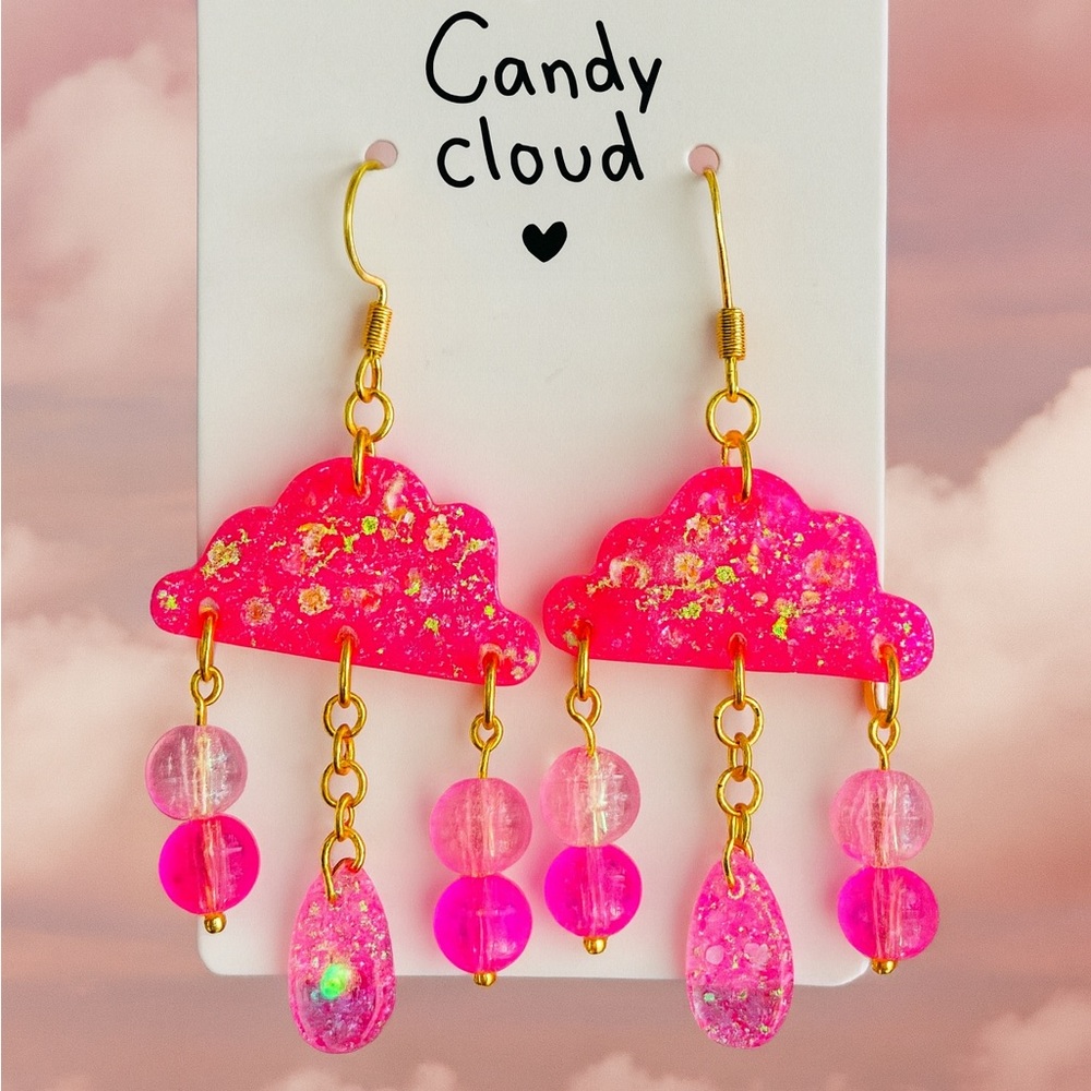 🍬 Handmade Earrings – Candy Cloud Pink Glitter Fairy-Core Kawaii Y2K